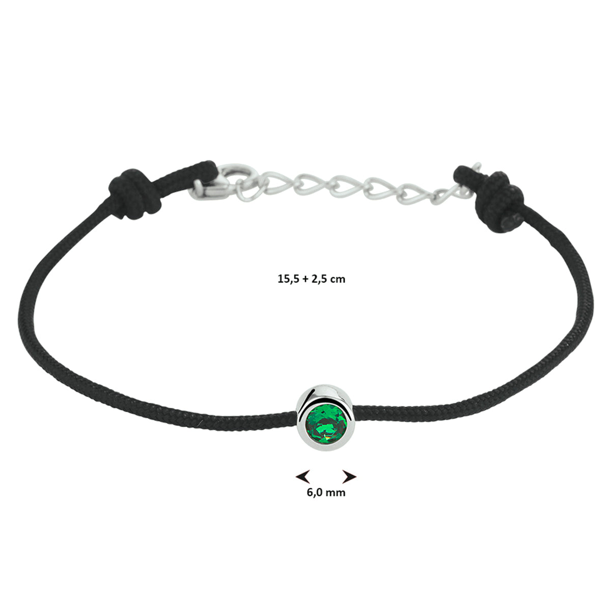 Armband katoen synth. smaragd 15,5 + 2,5 cm zilver gerhodineerd met rubber/nylon/leer