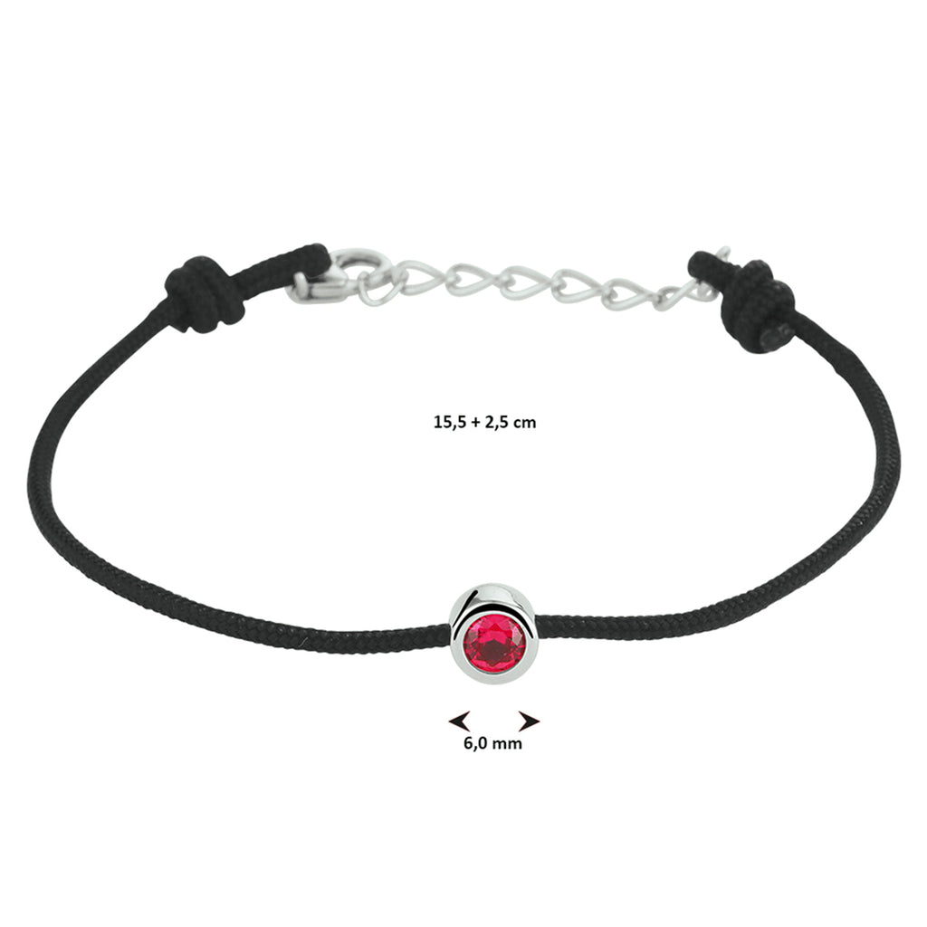 Armband katoen synth. robijn 15,5 + 2,5 cm zilver gerhodineerd met rubber/nylon/leer
