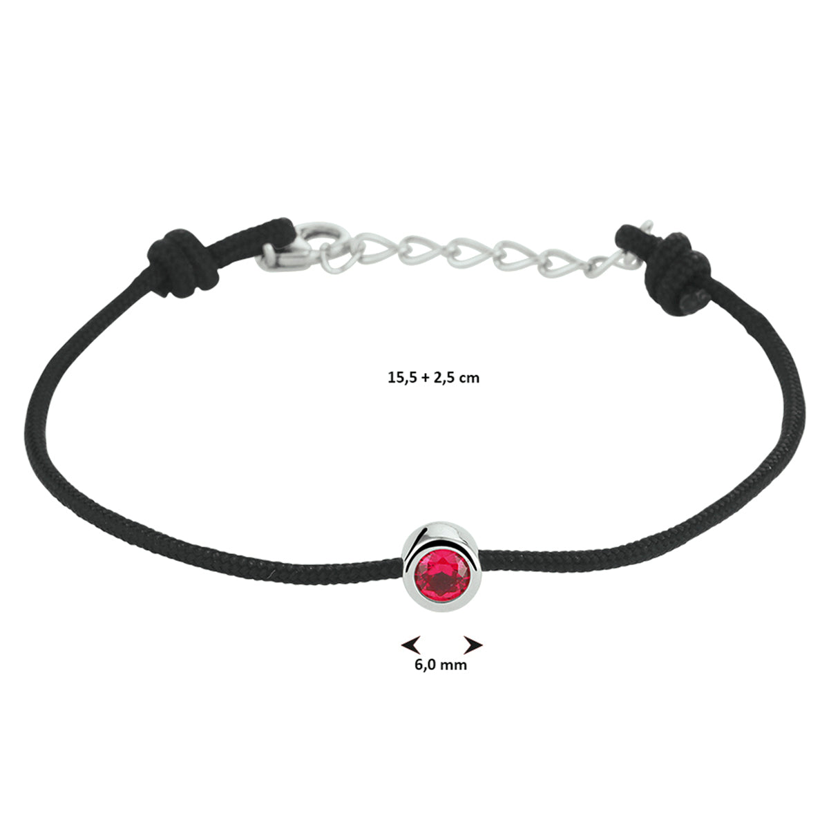 Armband katoen synth. robijn 15,5 + 2,5 cm zilver gerhodineerd met rubber/nylon/leer