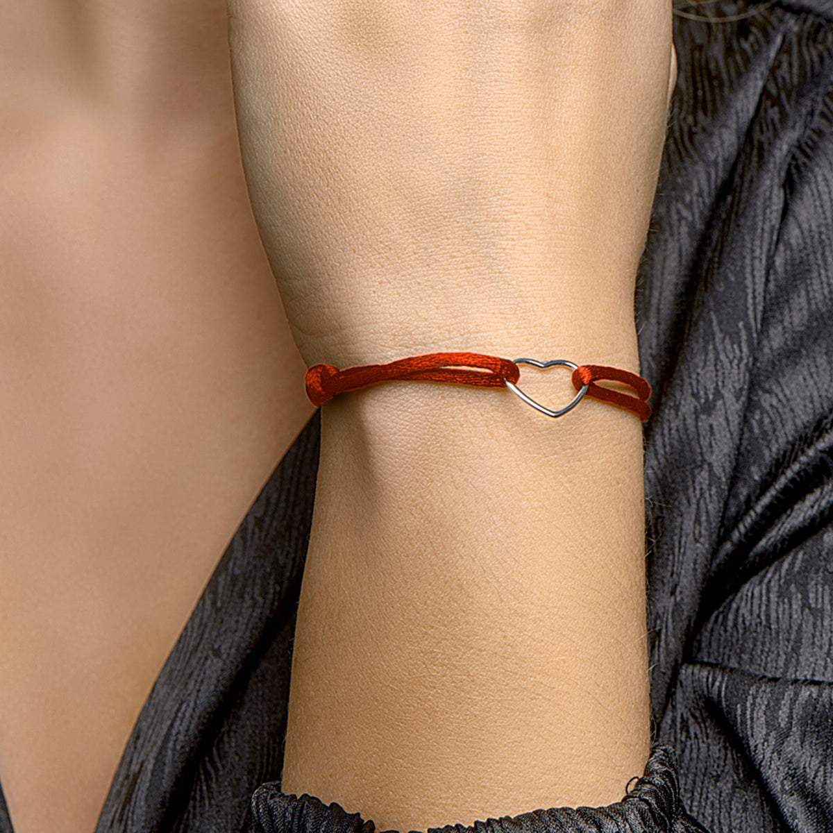 Armband satijn hart 13 - 26 cm zilver gerhodineerd met rubber/nylon/leer