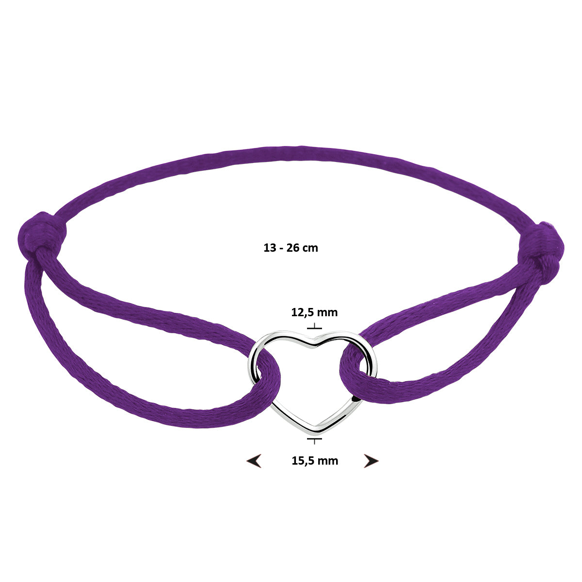 Armband satijn hart 13 - 26 cm zilver gerhodineerd met rubber/nylon/leer