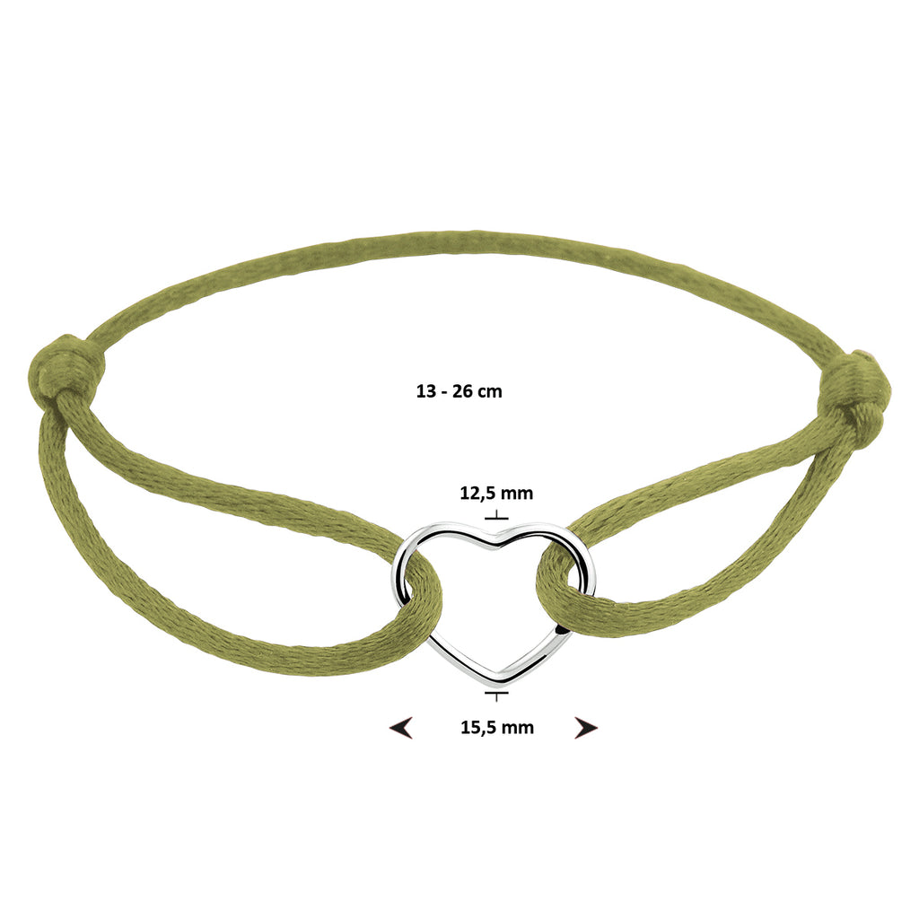 Armband satijn hart 13 - 26 cm zilver gerhodineerd met rubber/nylon/leer