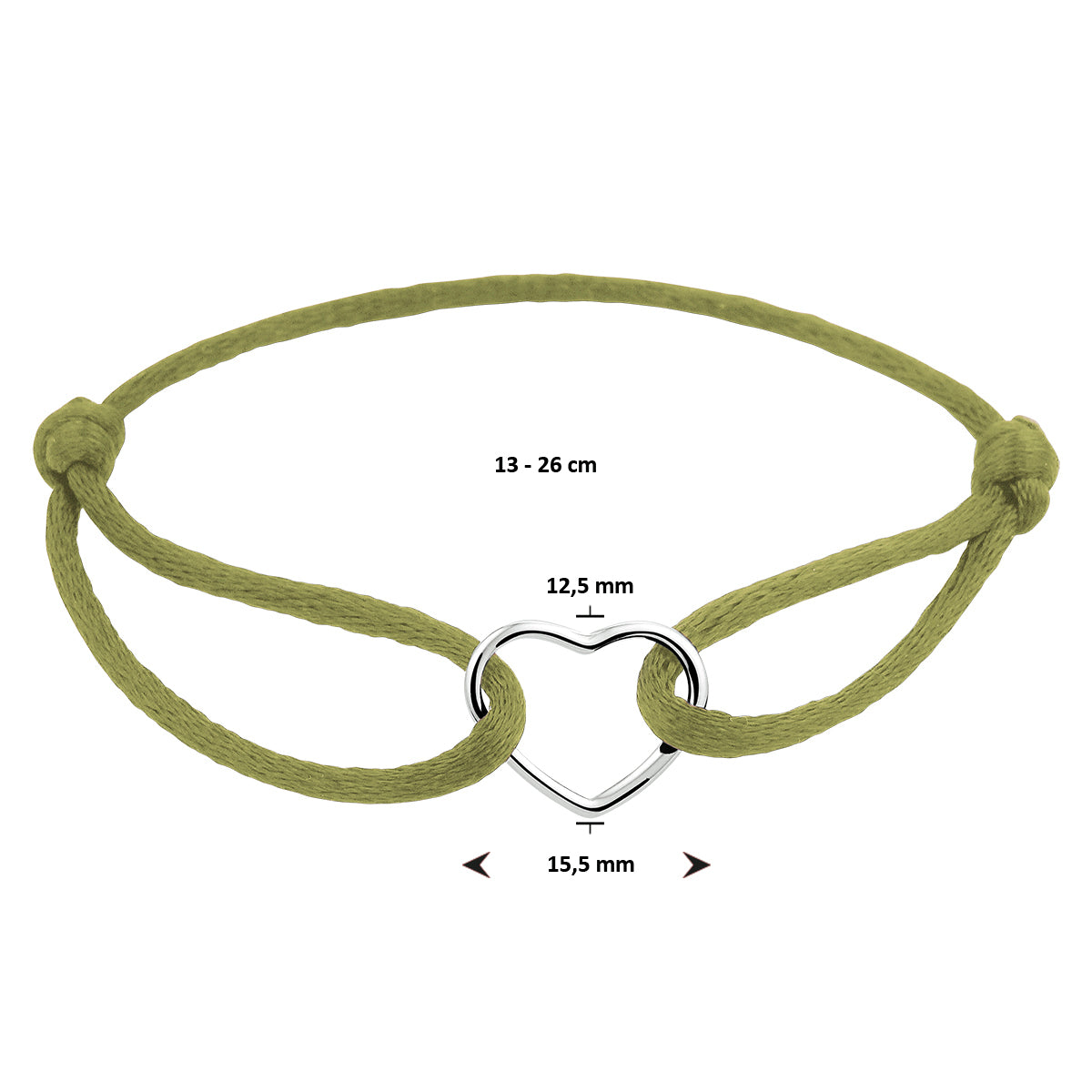 Armband satijn hart 13 - 26 cm zilver gerhodineerd met rubber/nylon/leer