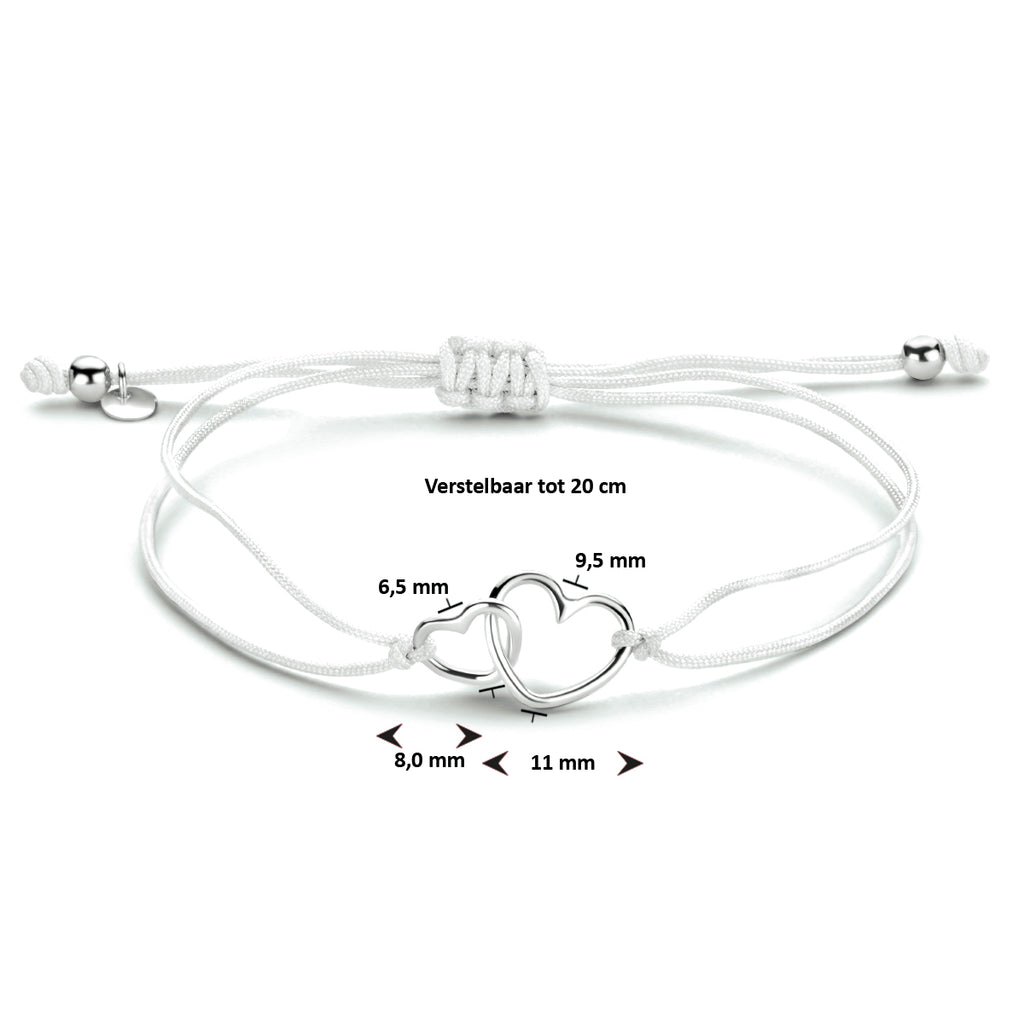 Armband katoen hartjes zilver gerhodineerd met rubber/nylon/leer