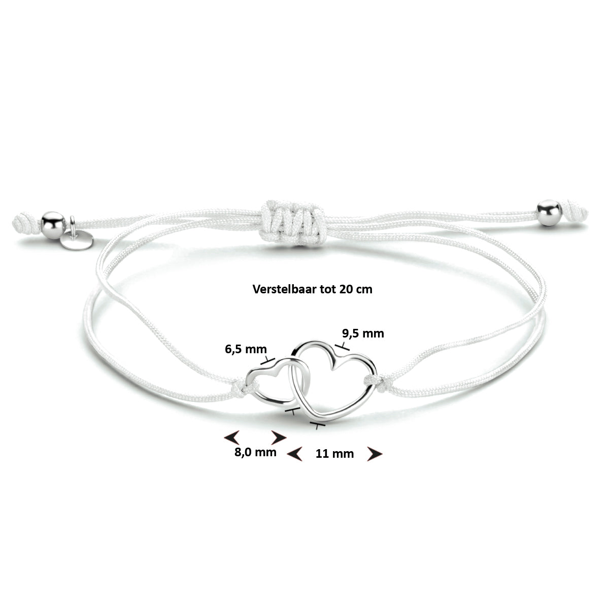 Armband katoen hartjes zilver gerhodineerd met rubber/nylon/leer