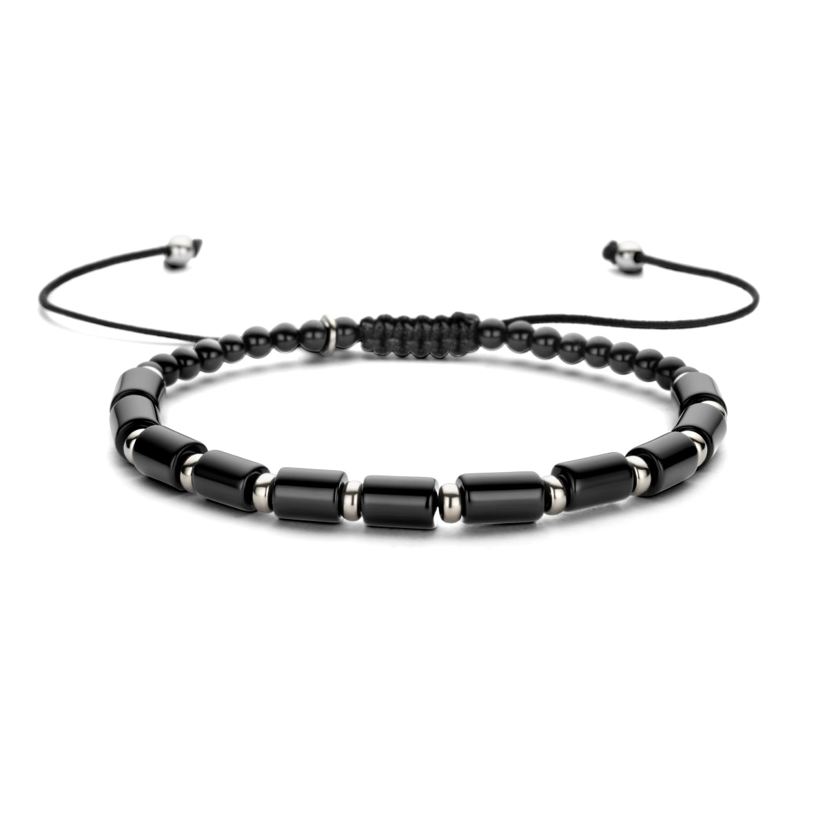 Armband onyx 19 - 30 cm zilver gerhodineerd met rubber/nylon/leer