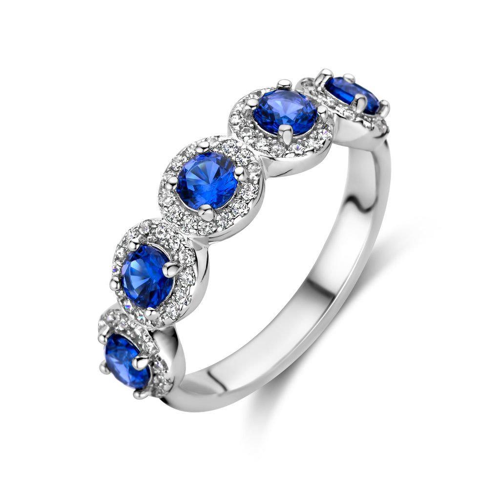 ring saffierkleurig en wit zirkonia halo zilver gerhodineerd