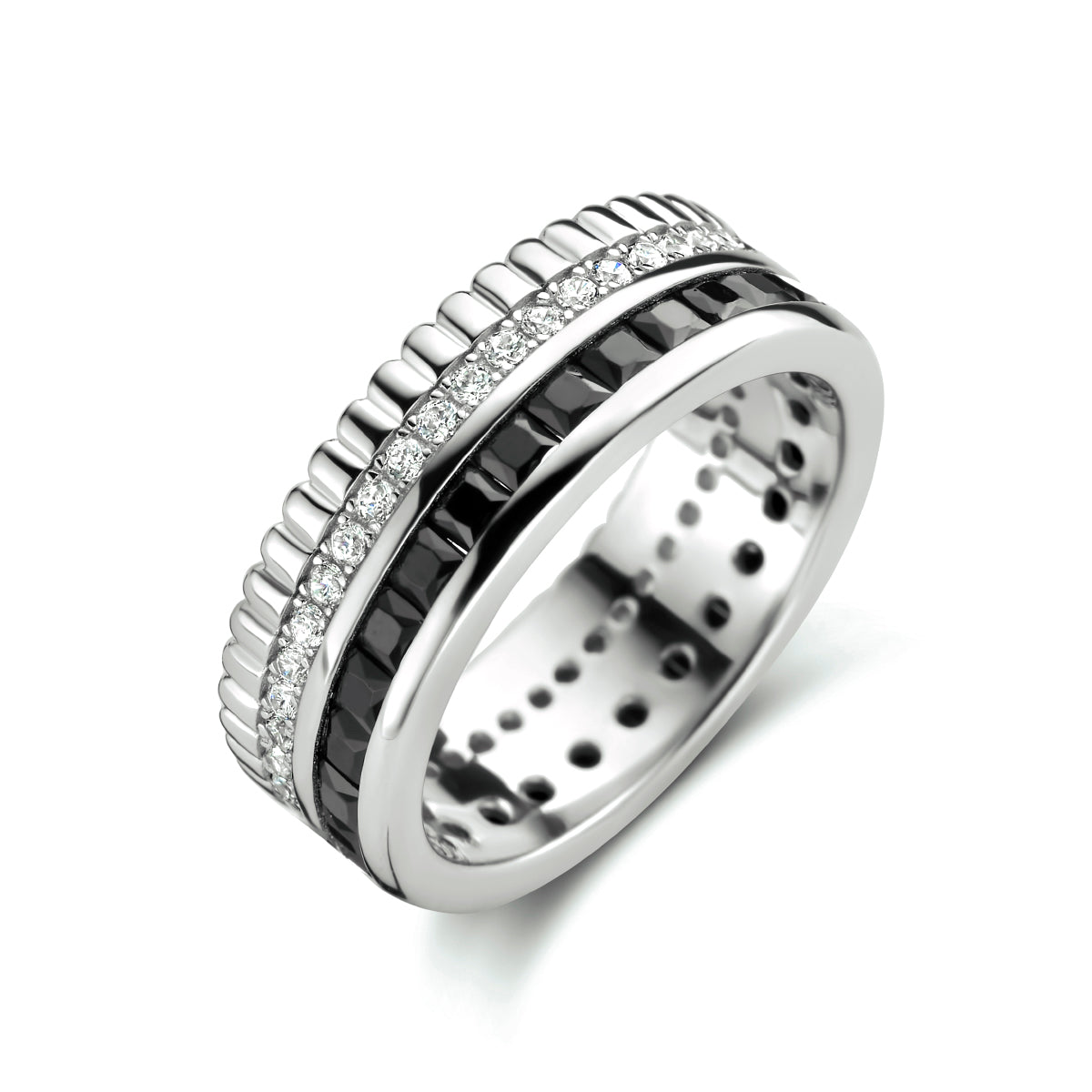 Ring aus schwarzem und weißem Zirkonia, Silber rhodiniert