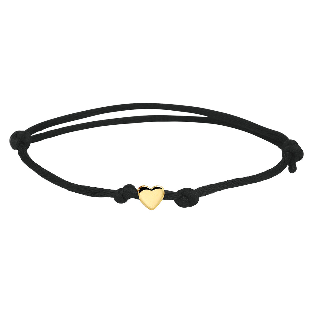 Armband Satin schwarz Herz 13 - 26 cm 14K Gold mit Gummi/Nylon/Leder