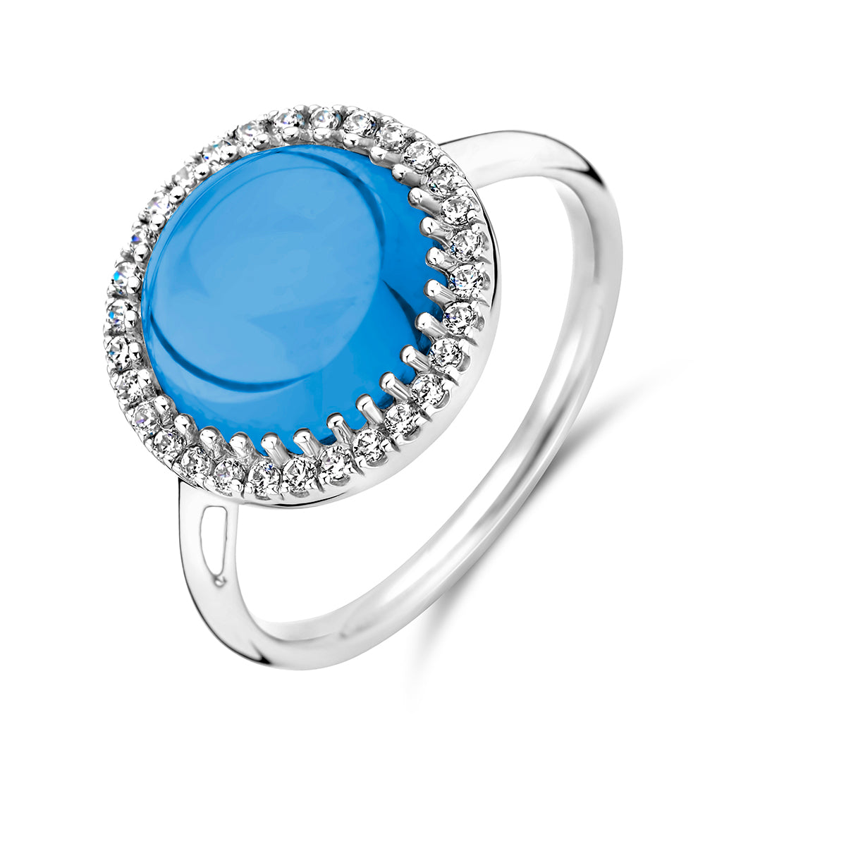 ring blauw topaas en zirkonia halo zilver gerhodineerd