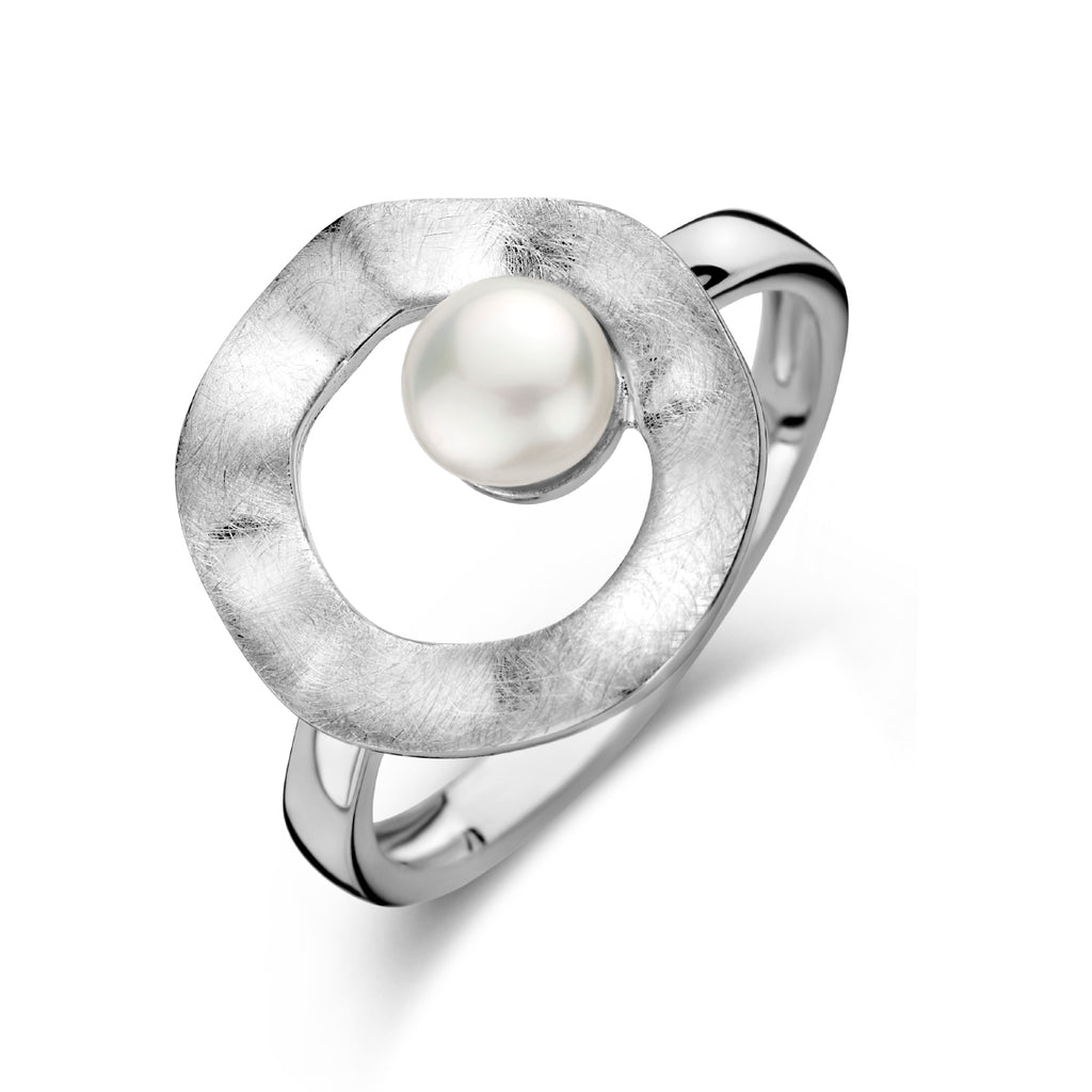 ring rondje parel gescratcht zilver gerhodineerd
