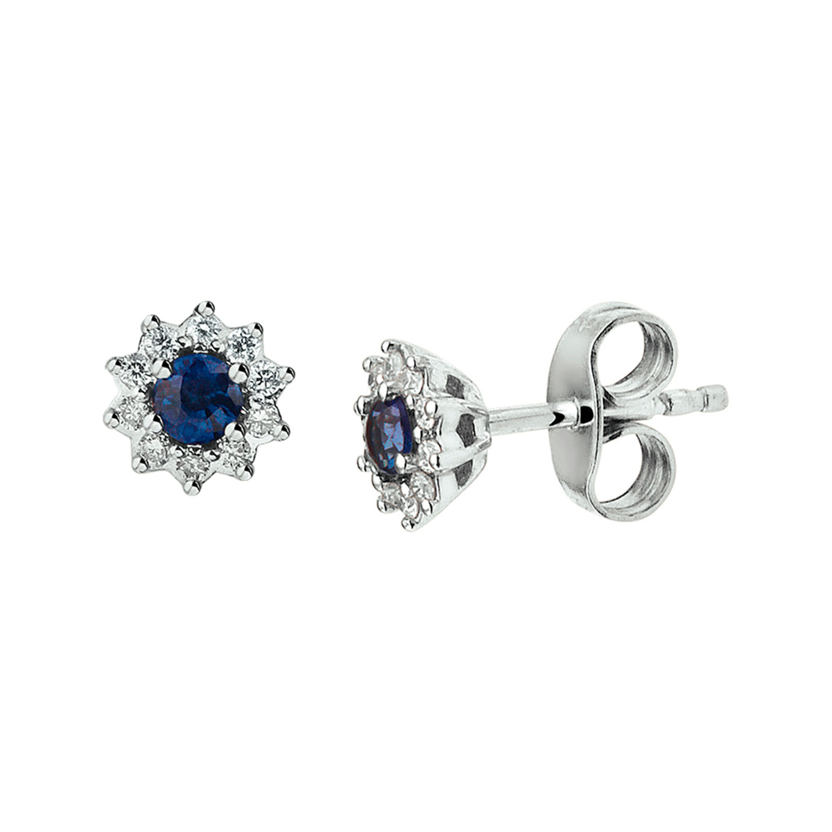 oorknoppen saffier en diamant 0.11ct (2x0.055ct) h p1 halo 14K witgoud - rond