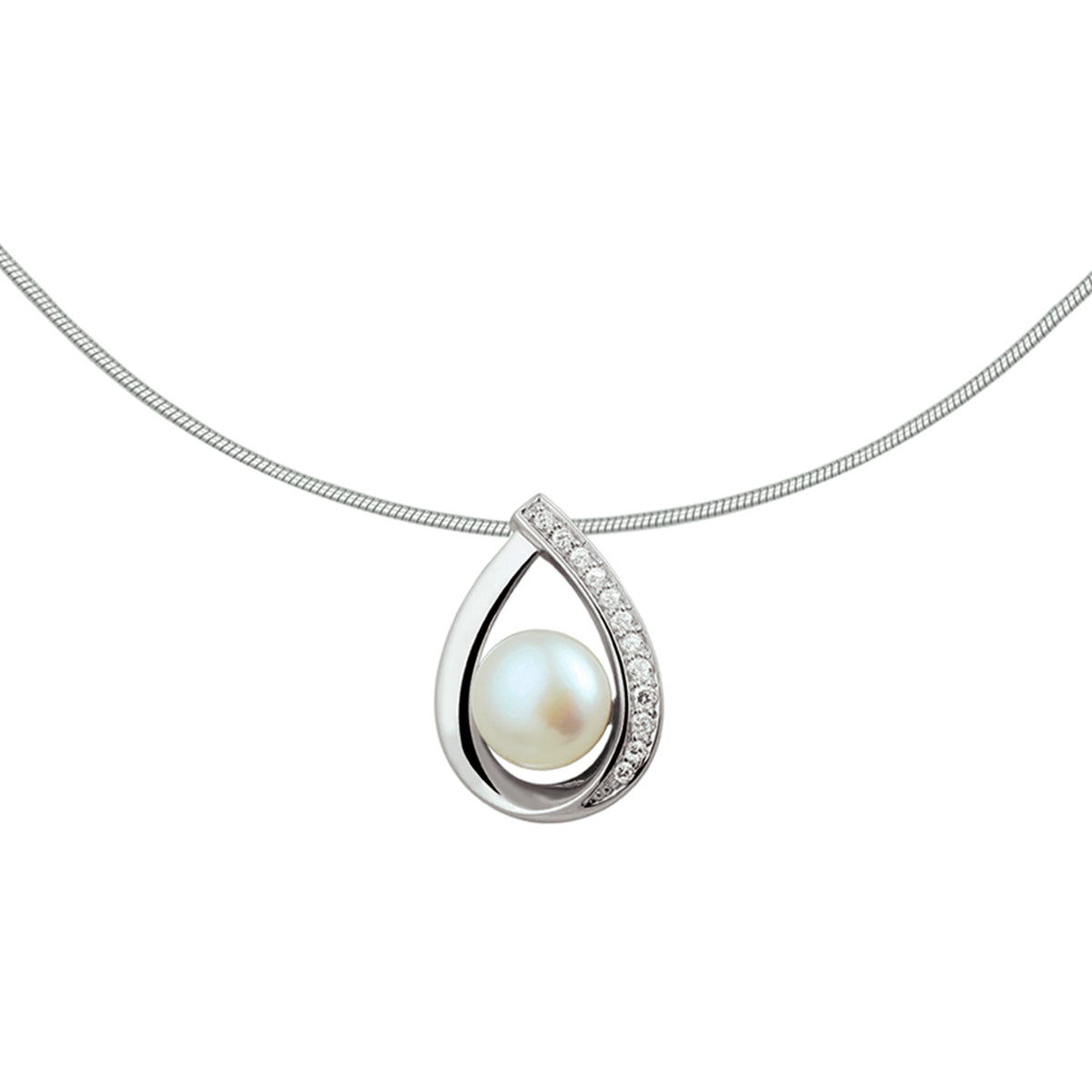 Perlen- und Zirkonia-Halskette 42 + 3 cm Silber rhodiniert