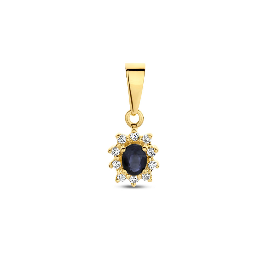 Anhänger Saphir und Diamant 0.08 ct Halo 10 mm 14K Gelbgold
