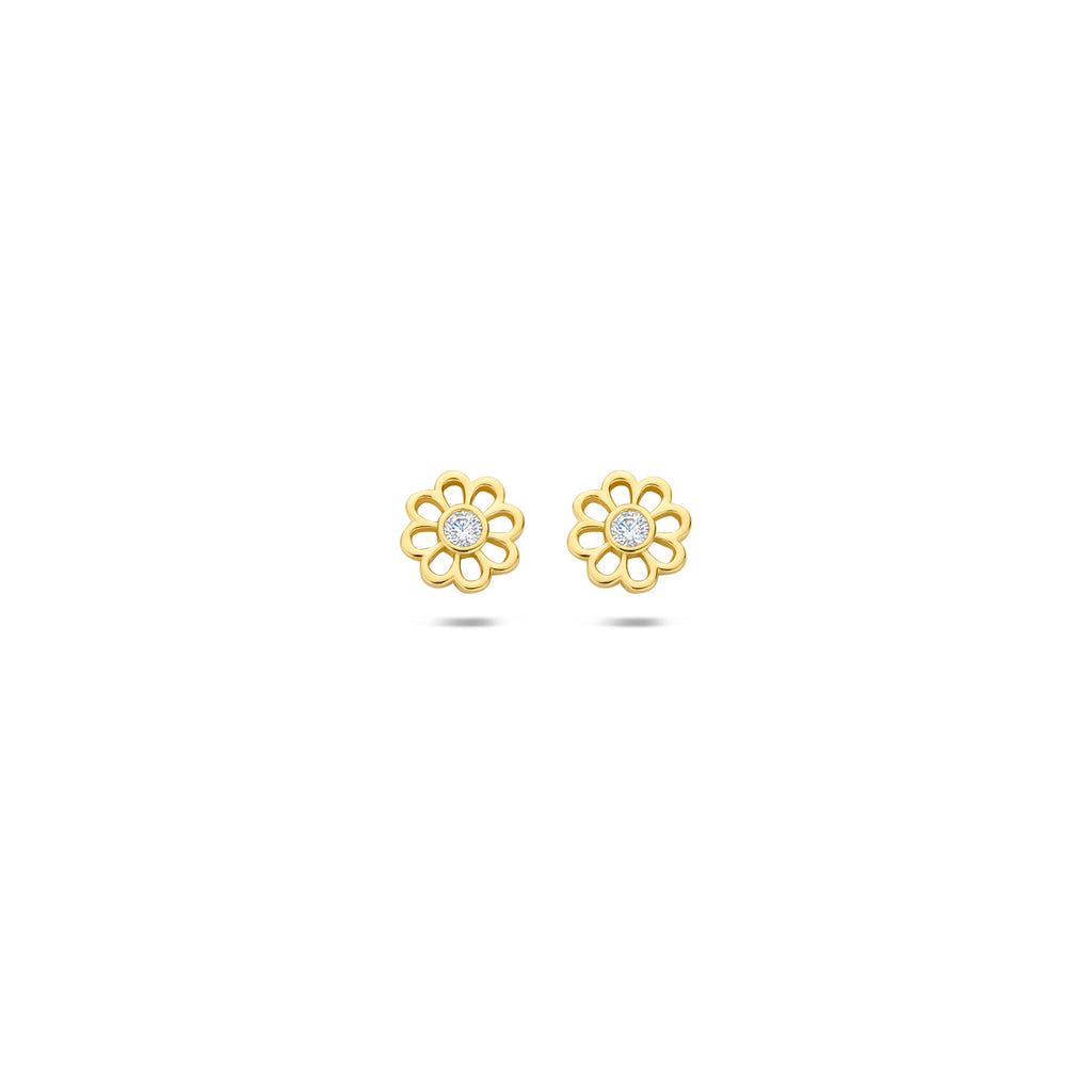 oorknoppen bloem zirkonia 14K geelgoud