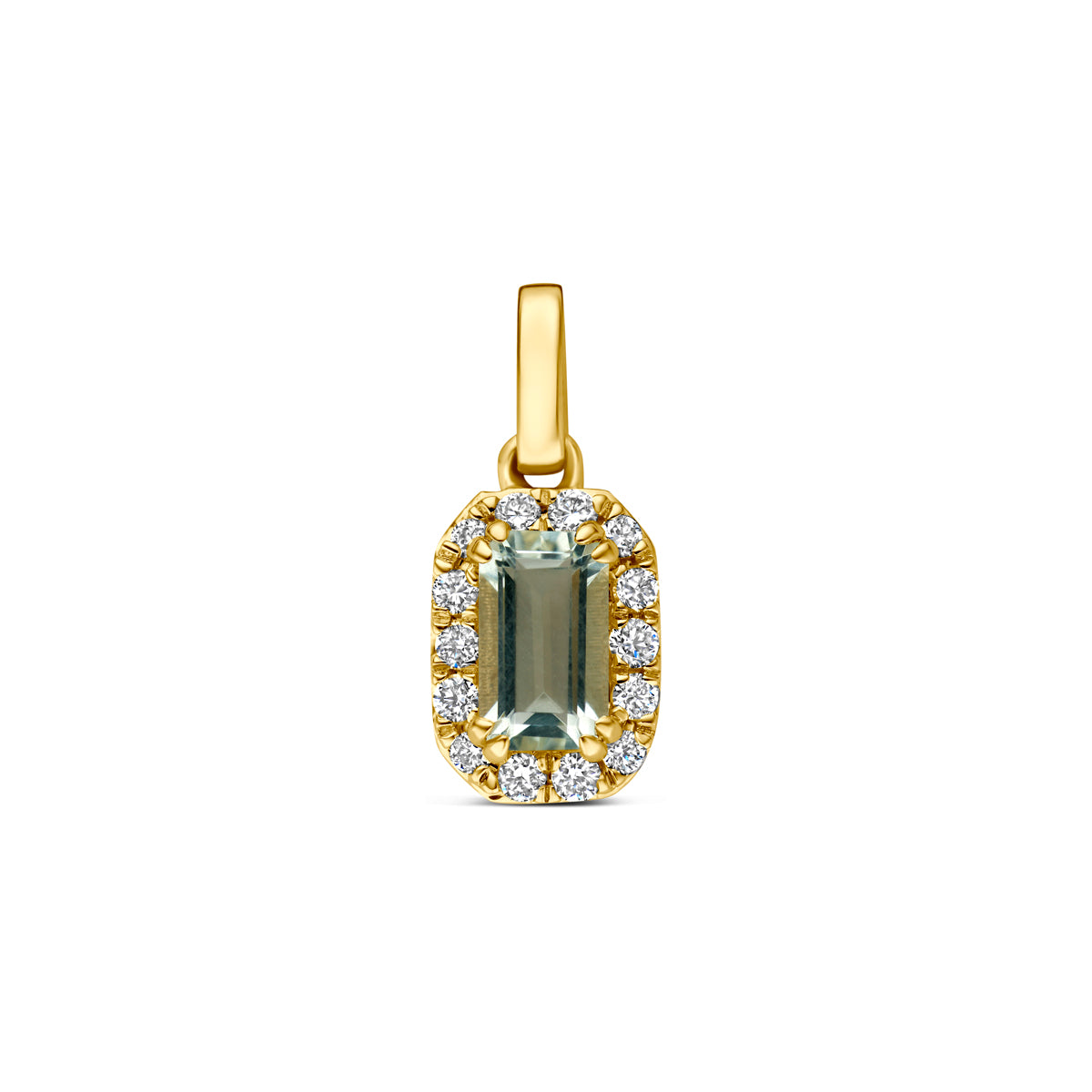 hanger groen amethist en lab grown diamant 0.08ct f vs 7,5 mm 14K geelgoud
