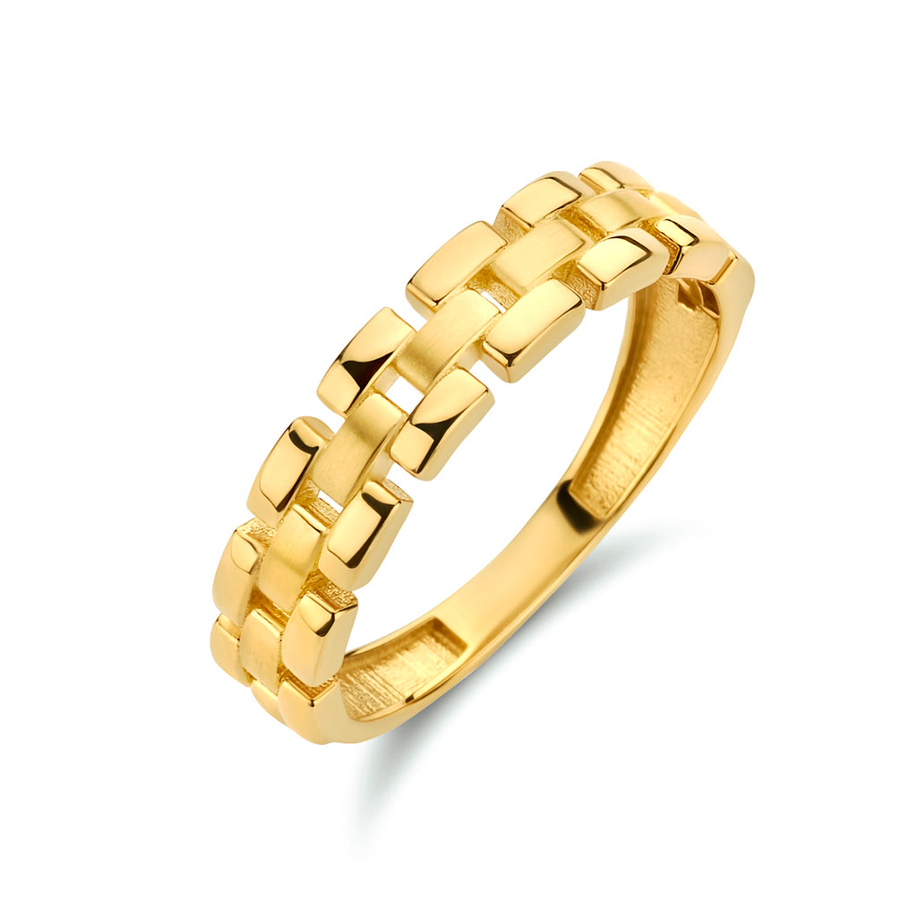 ring schakel poli/mat 14K geelgoud - schakelmotief