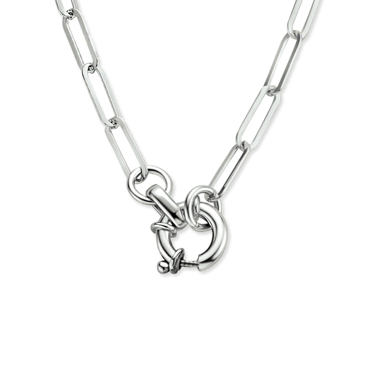 collier paperclip platte buis 3,8 mm 42 cm met groot veerslot zilver gerhodineerd