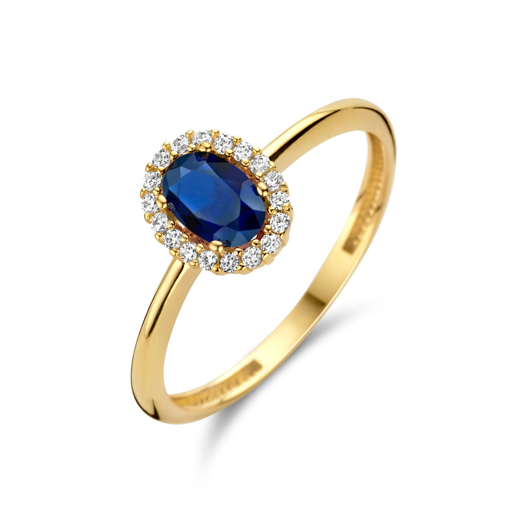 ring synth. saffier en zirkonia halo 14K geelgoud