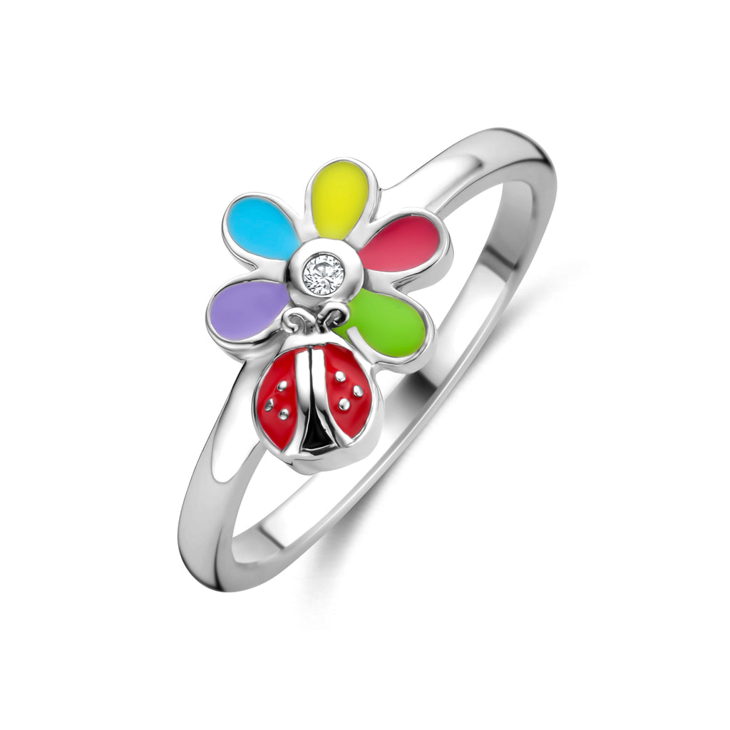 ring zirkonia emaille bloem en lieveheersbeestje zilver gerhodineerd
