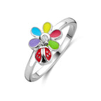 ring zirkonia emaille bloem en lieveheersbeestje zilver gerhodineerd
