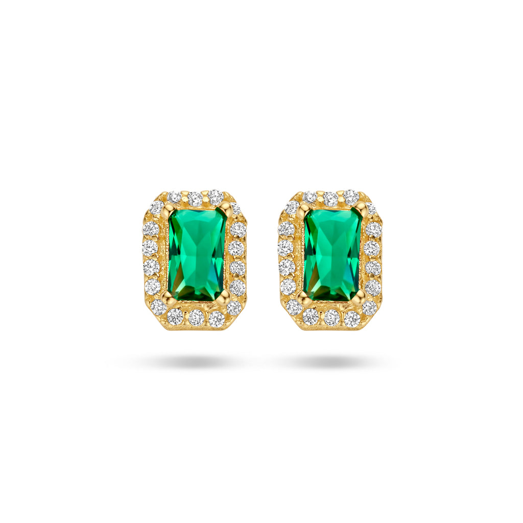 oorknoppen groen en wit zirkonia halo 14K geelgoud