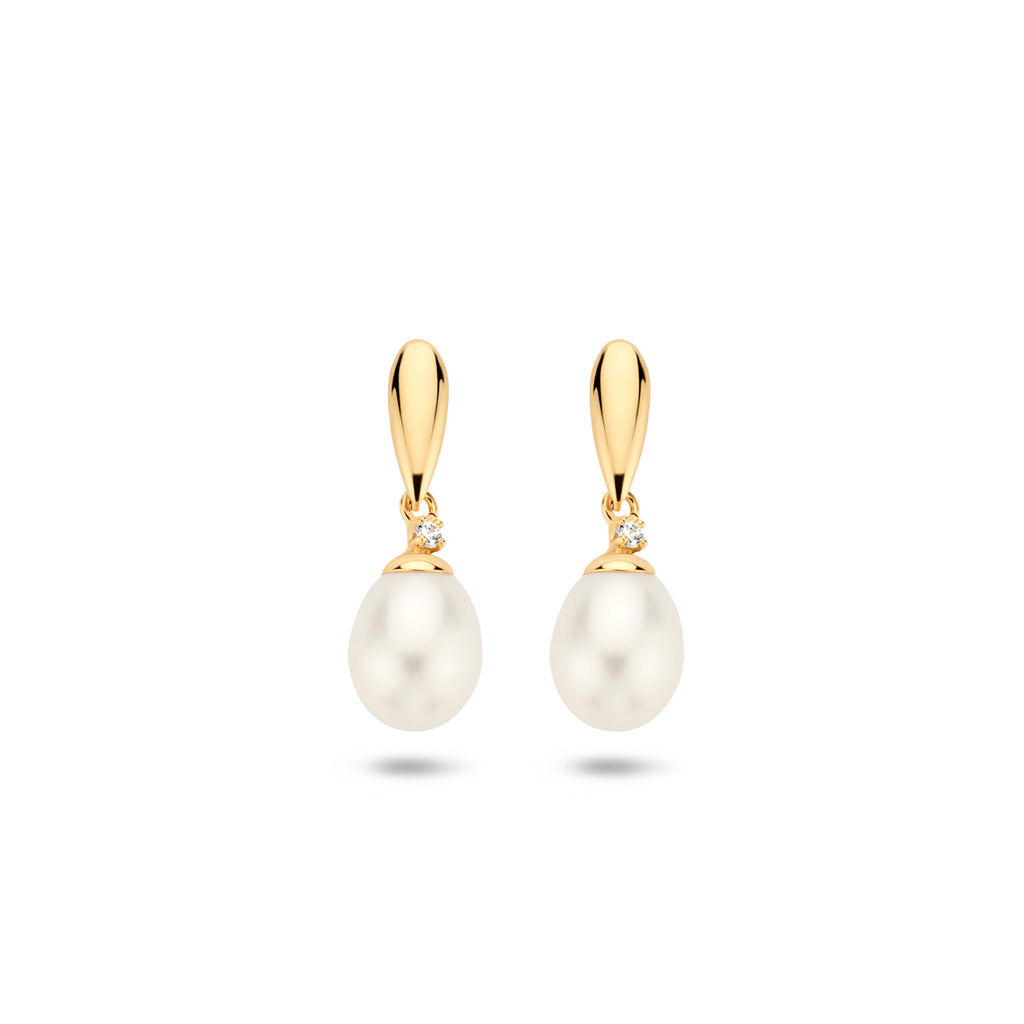 Ohrhänger Perle und Zirkonia 19 mm 14K Gelbgold
