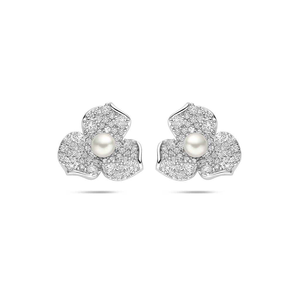 Ohrstecker Blüte Perle und Zirkonia 12 mm Silber rhodiniert