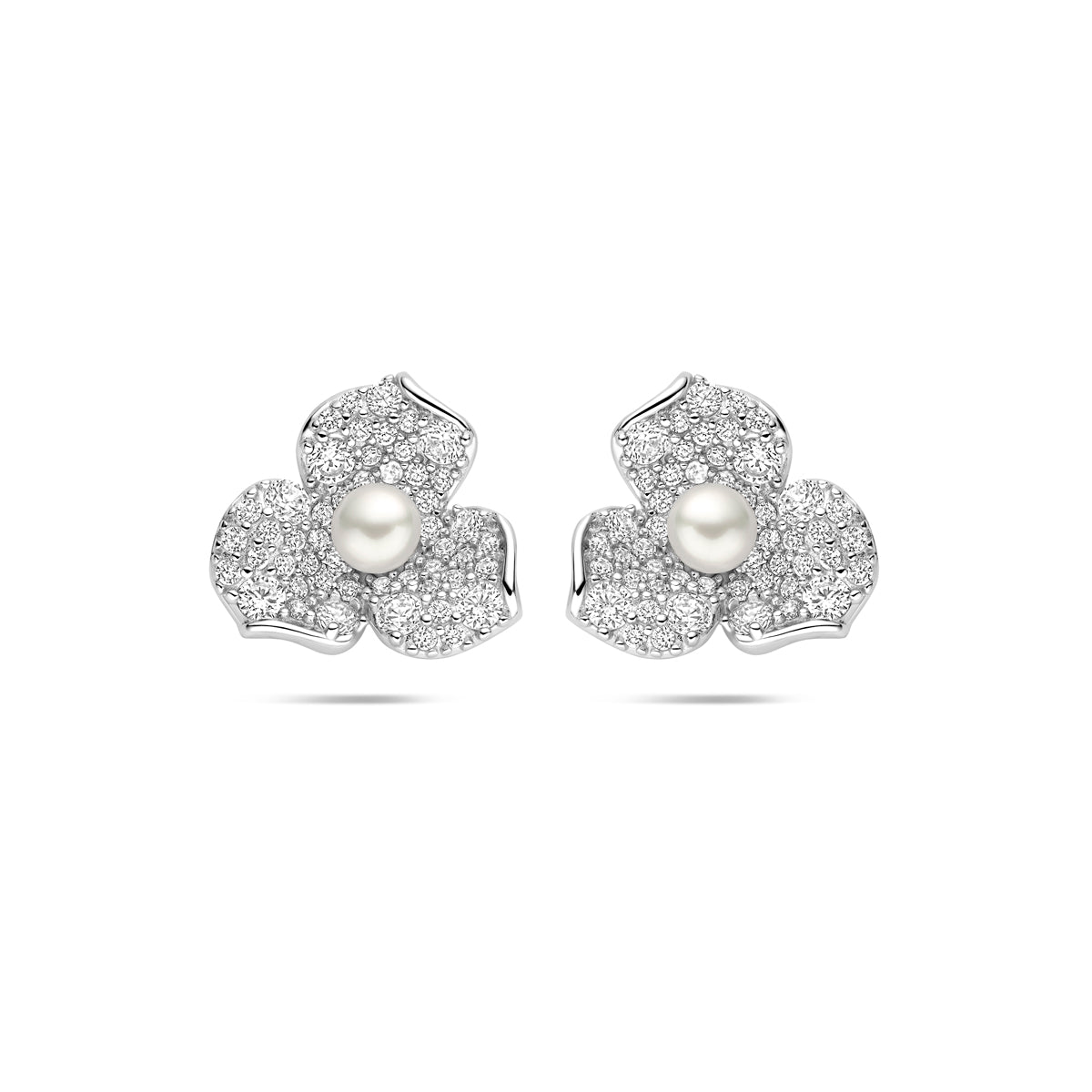 Ohrstecker Blüte Perle und Zirkonia 12 mm Silber rhodiniert