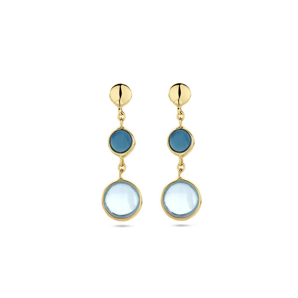oorhangers blauw topaas en london blue topaas 14K geelgoud