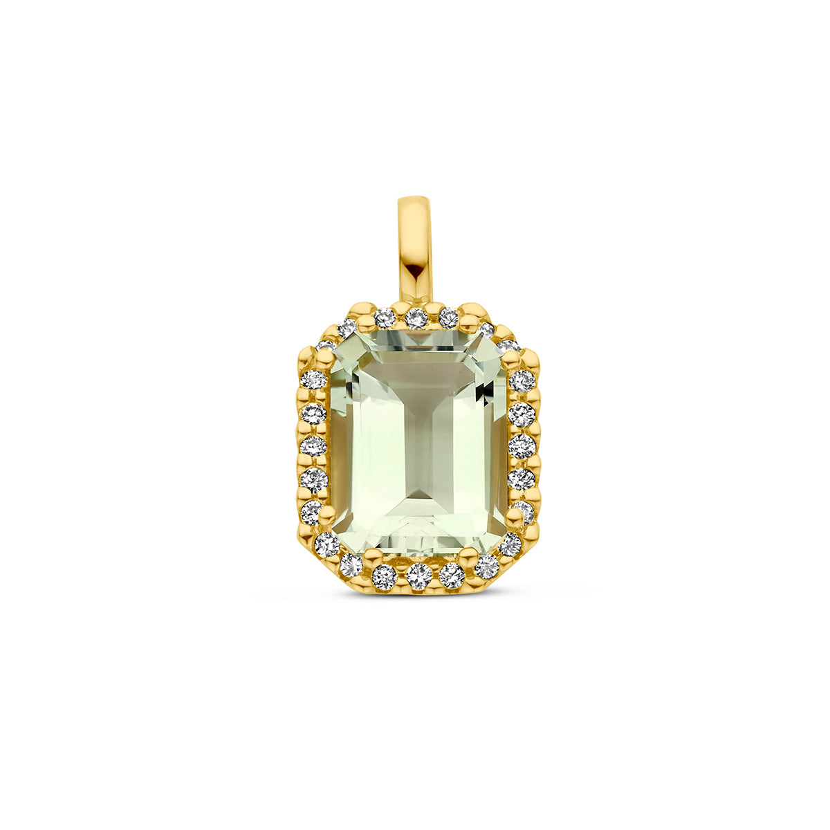 hanger groen amethist en diamant 0.10ct h si halo 14K geelgoud