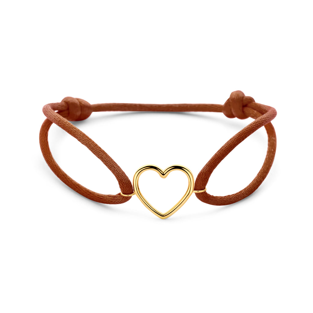 Armband braun Satin Herzchen 13 - 26 cm 14K Gold mit Gummi/Nylon/Leder