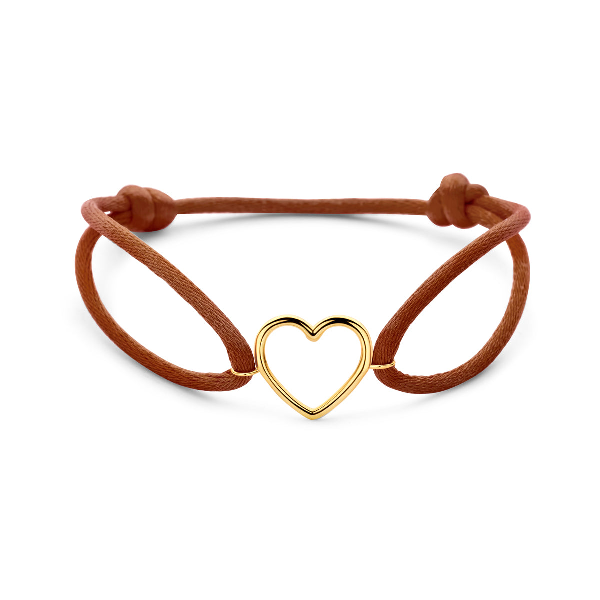 Armband braun Satin Herzchen 13 - 26 cm 14K Gold mit Gummi/Nylon/Leder