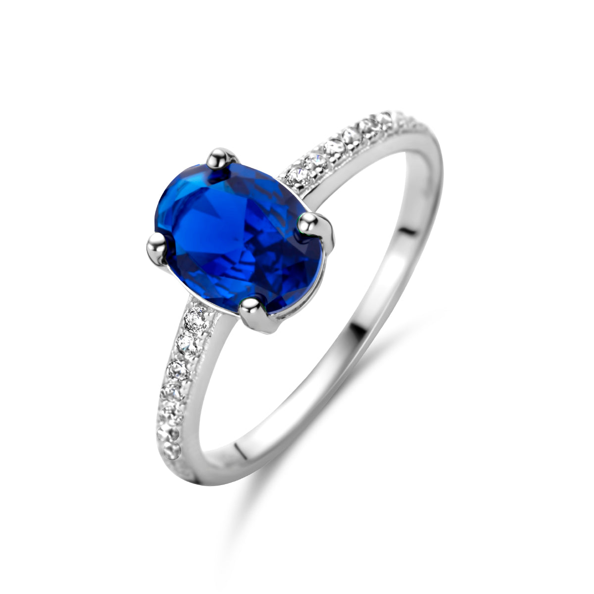 Ring mit blauen und weißen Zirkonia, Silber rhodiniert