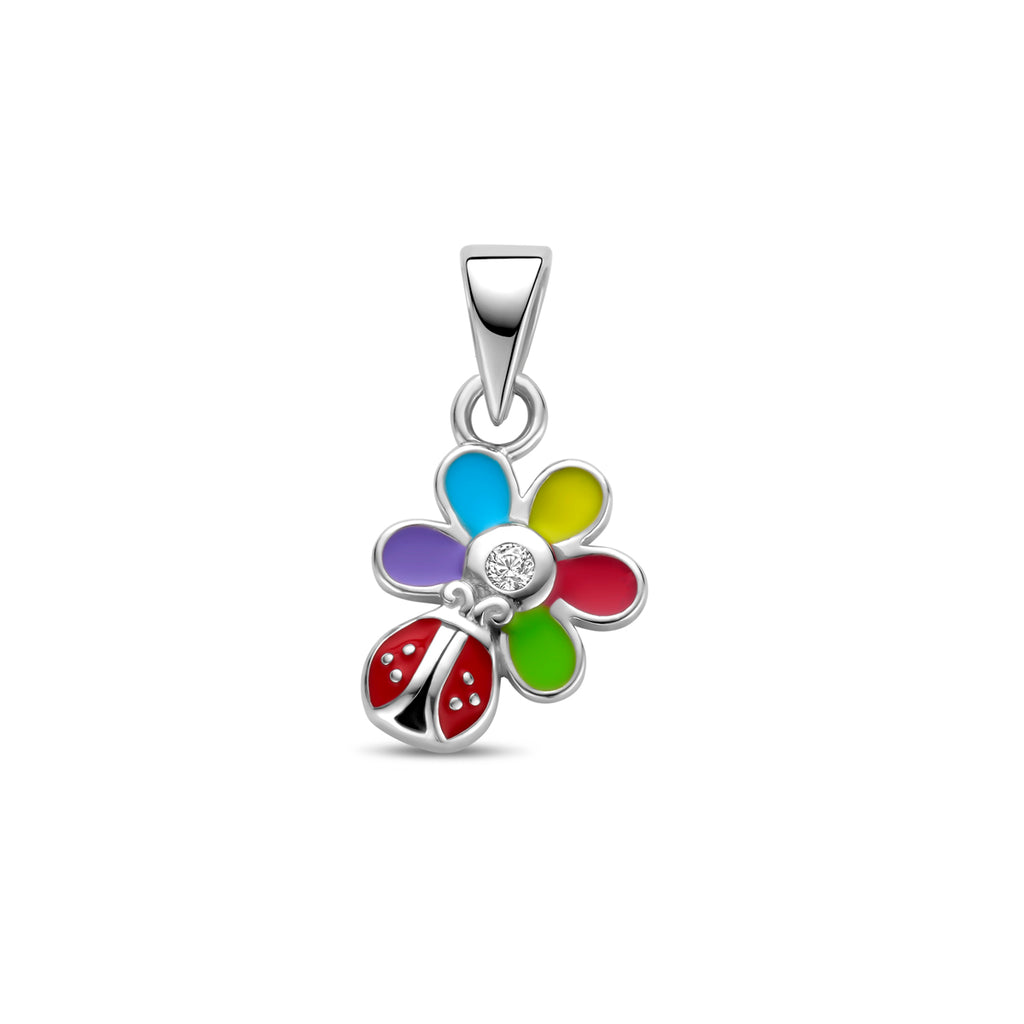 Anhänger Zirkonia Emaille Blume und Marienkäfer 16 mm Silber rhodiniert