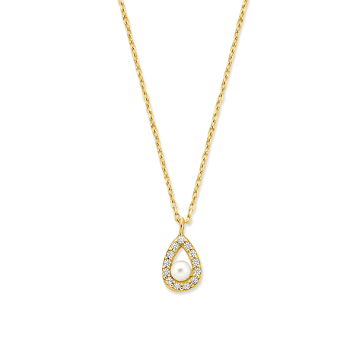 Halskette Zirkonia und Perle 41 - 43 - 45 cm 14K Gelbgold