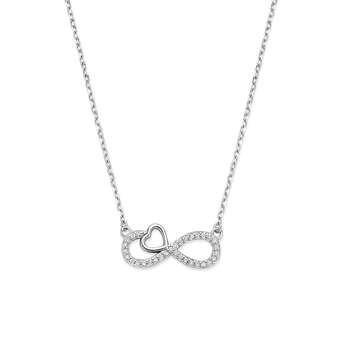 Halskette Zirkonia Infinity und Herz 41 - 43 - 45 cm rhodiniertes Silber
