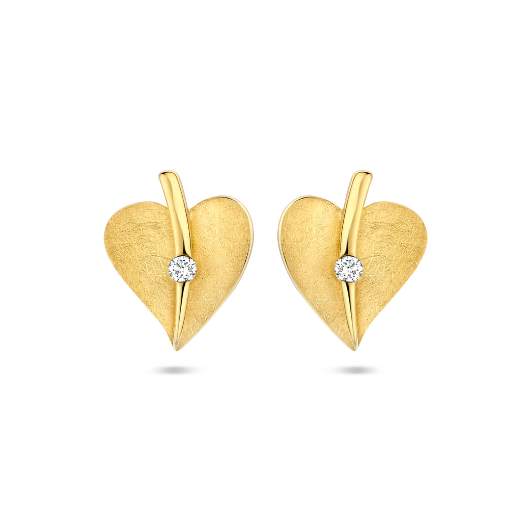 oorknoppen hart gescratcht diamant 0.04ct (2x 0.02ct) h si 14K geelgoud