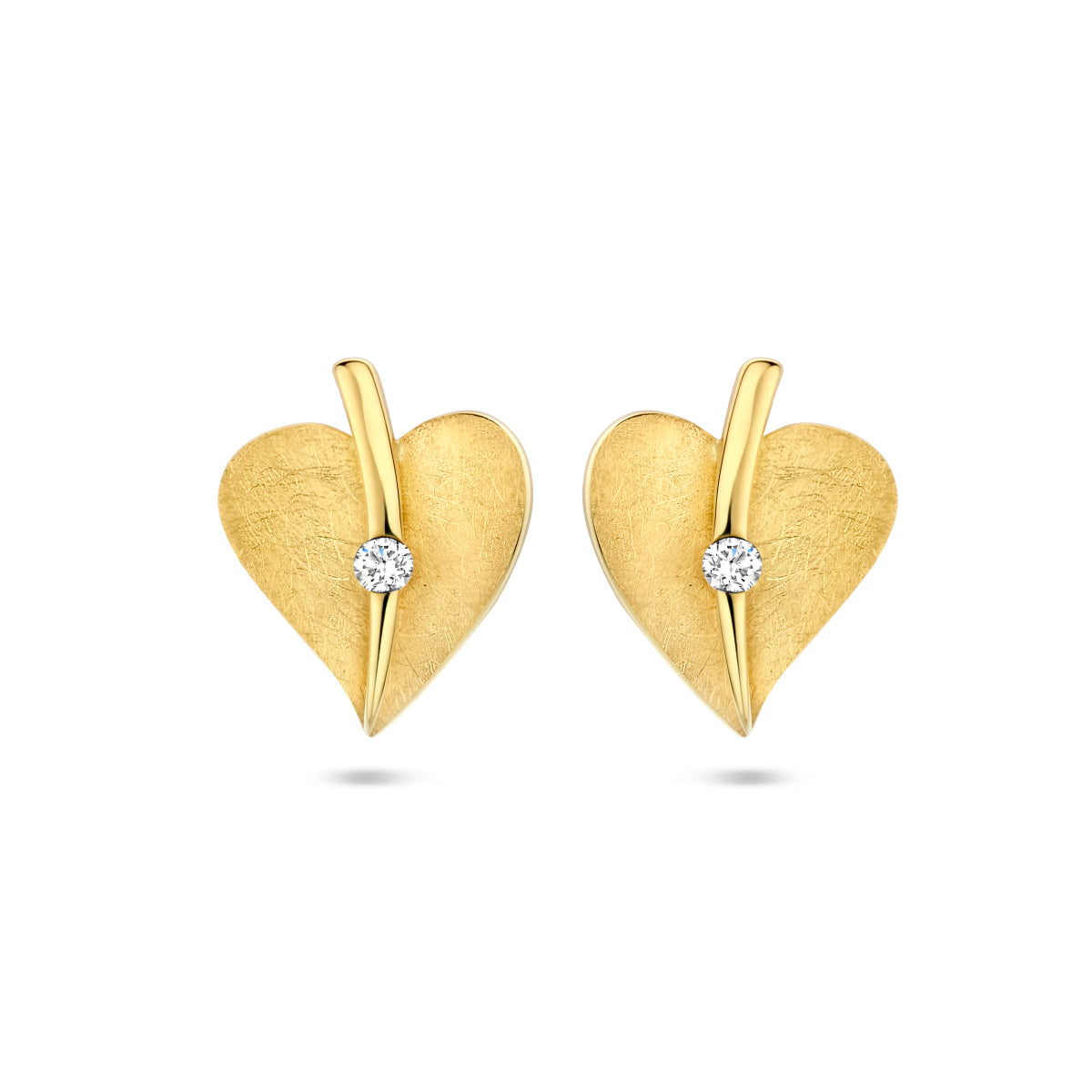oorknoppen hart gescratcht diamant 0.04ct (2x 0.02ct) h si 14K geelgoud