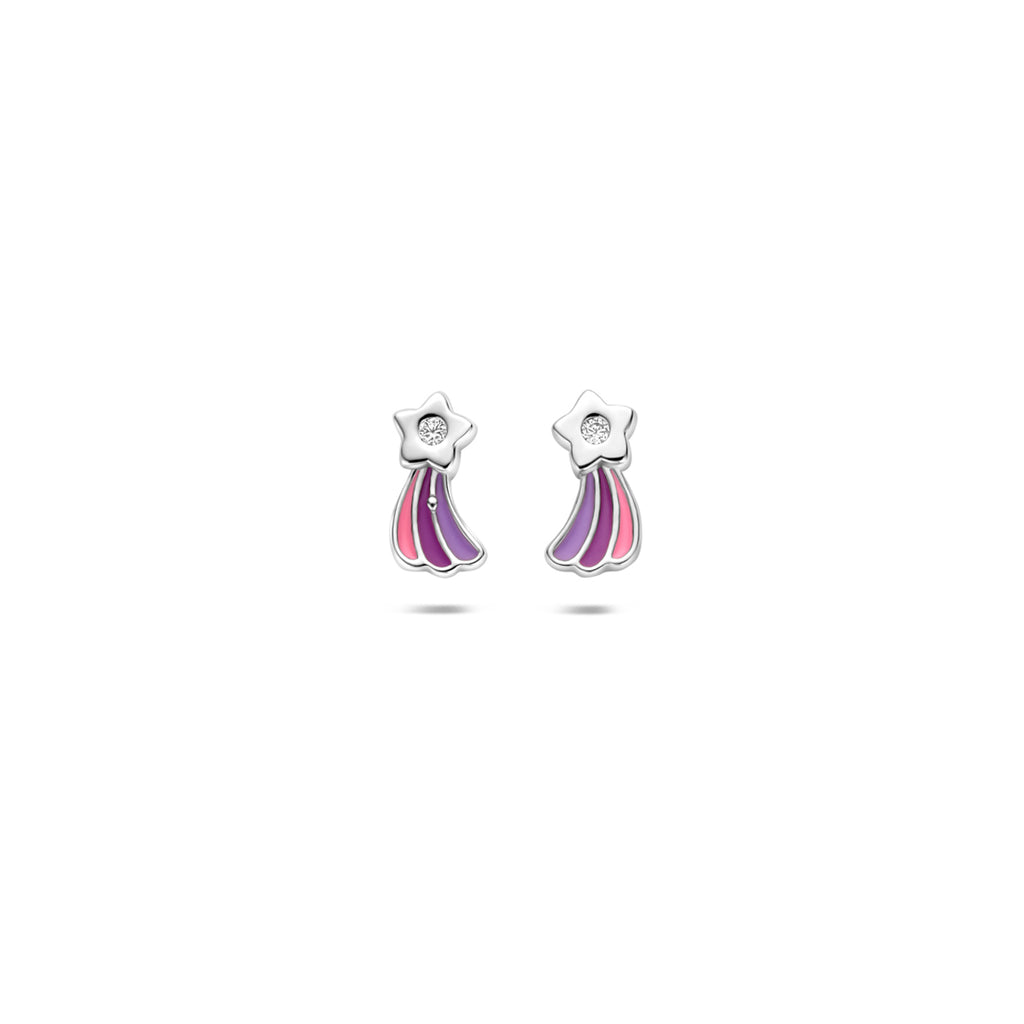 oorknoppen emaille vallende ster zirkonia 8 mm zilver gerhodineerd