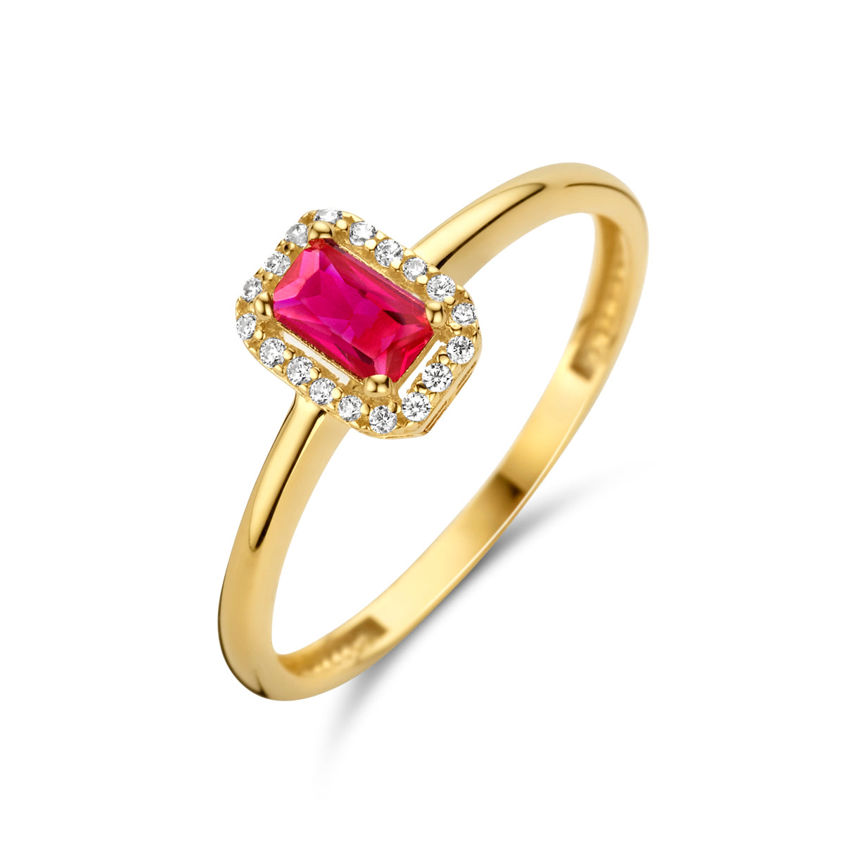 ring rood en wit zirkonia halo 14K geelgoud