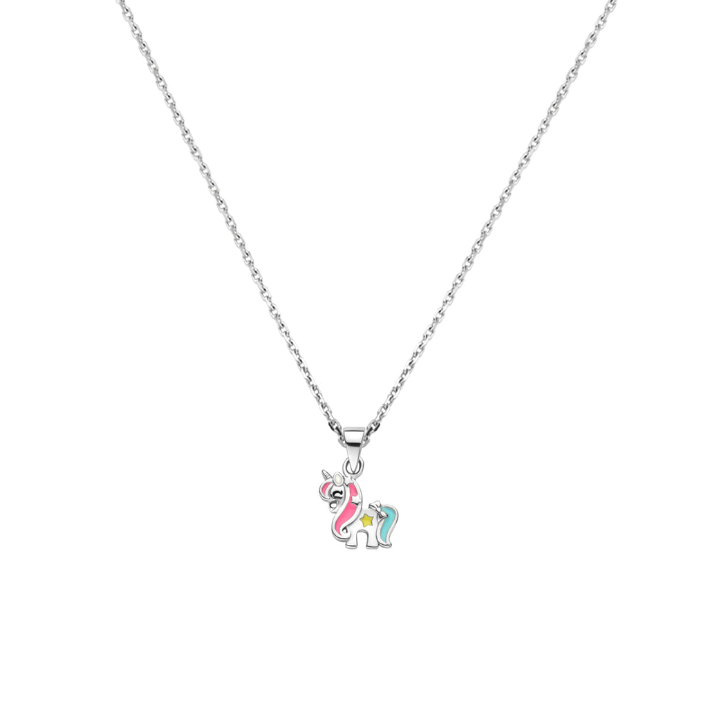 Halskette Emaille Einhorn 36 + 4 cm Silber rhodiniert
