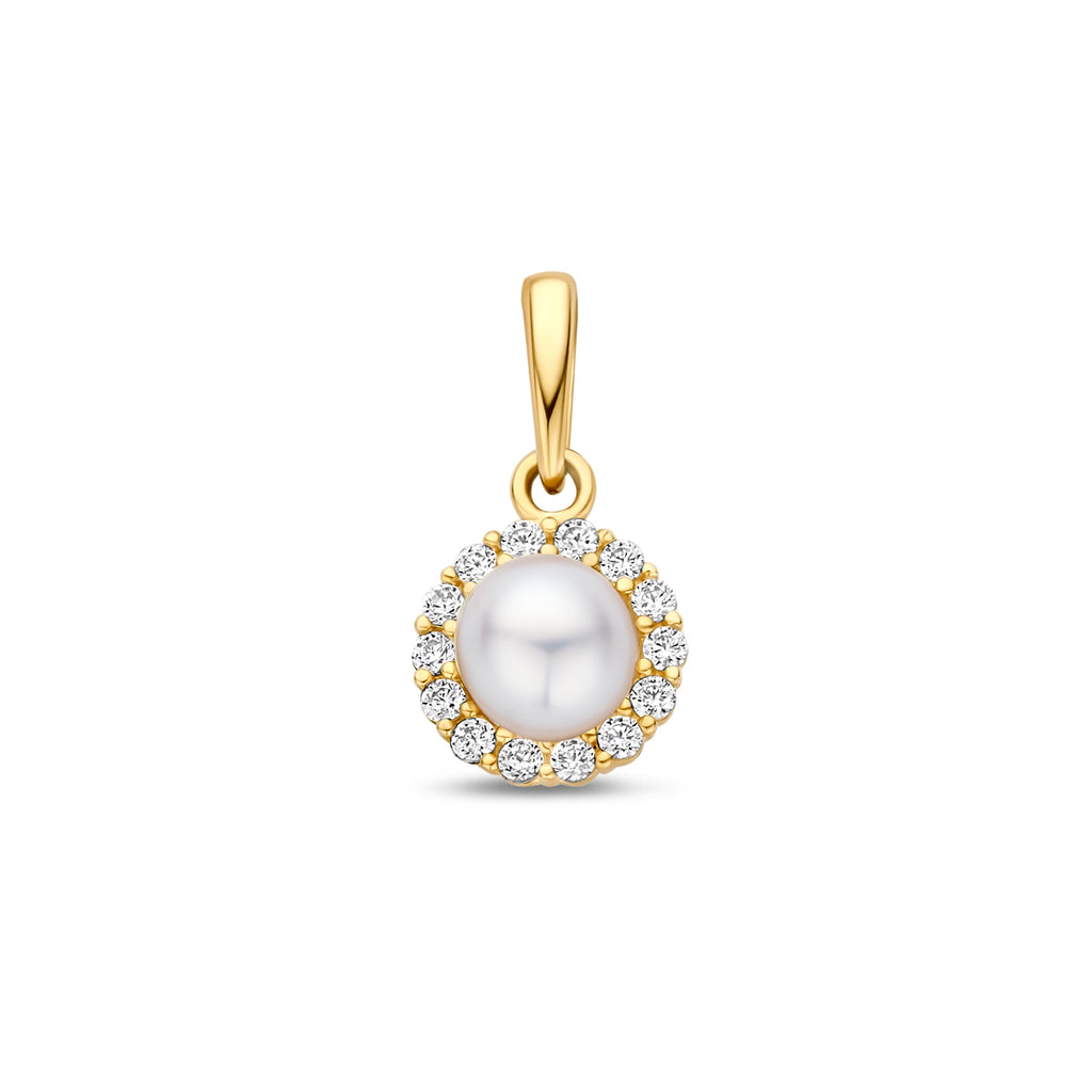 Anhänger Perle und Zirkonia 13 mm 14K Gelbgold