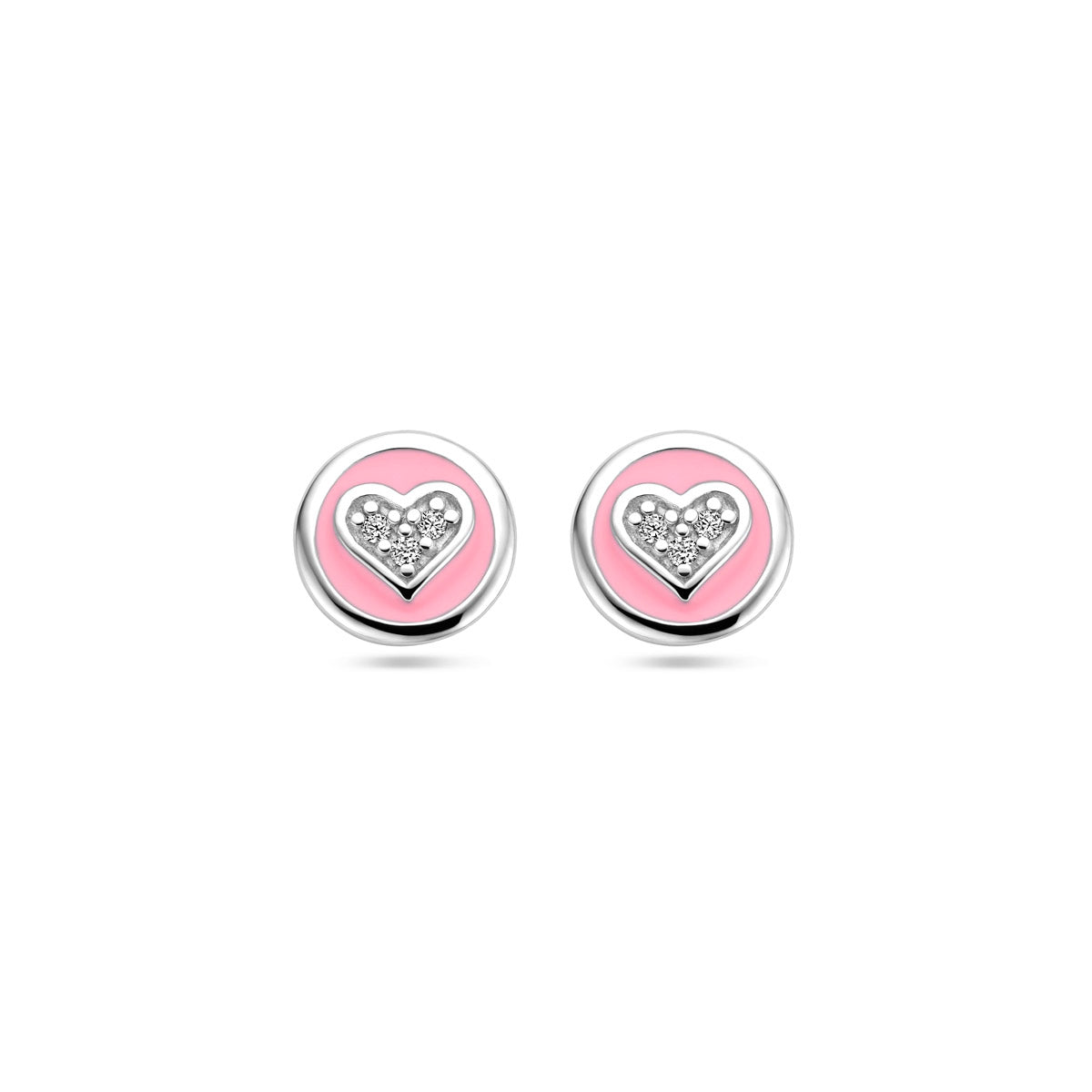 Ohrstecker Herz aus Zirkonia und rosa Emaille, Silber rhodiniert
