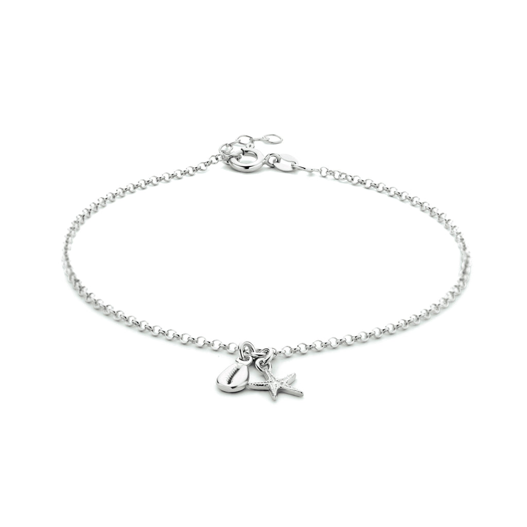 enkelbandje schelp en zeester 24 + 2 cm zilver gerhodineerd