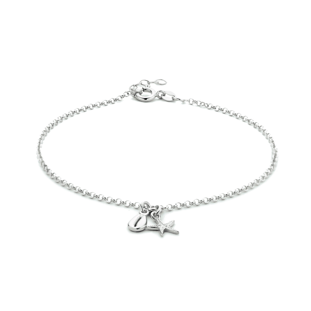 enkelbandje schelp en zeester 24 + 2 cm zilver gerhodineerd
