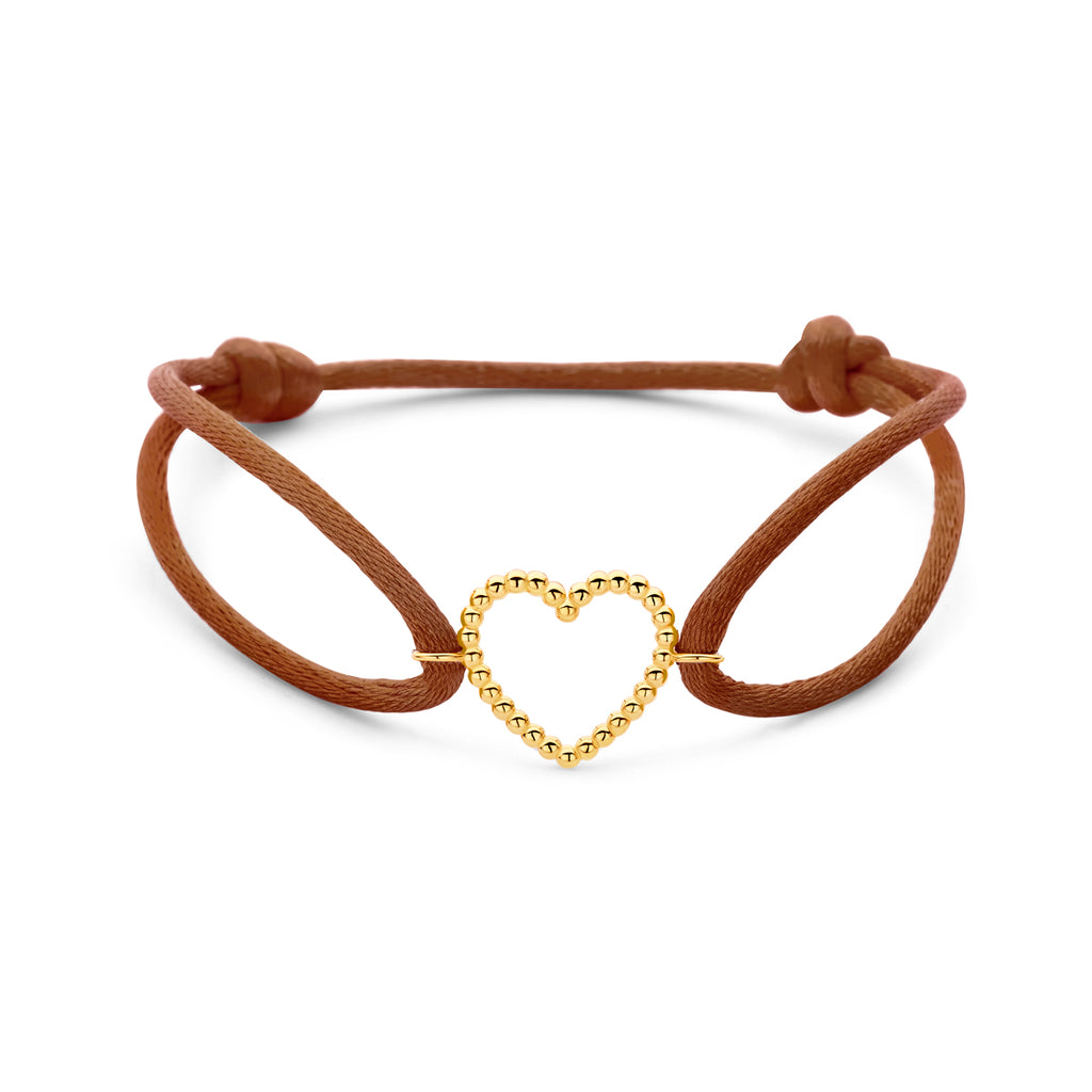 Armband braun Satin Herzchen 13 - 26 cm 14K Gold mit Gummi/Nylon/Leder