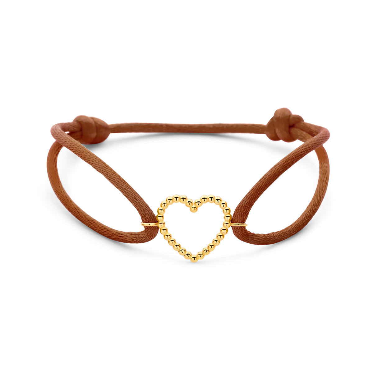 Armband braun Satin Herzchen 13 - 26 cm 14K Gold mit Gummi/Nylon/Leder