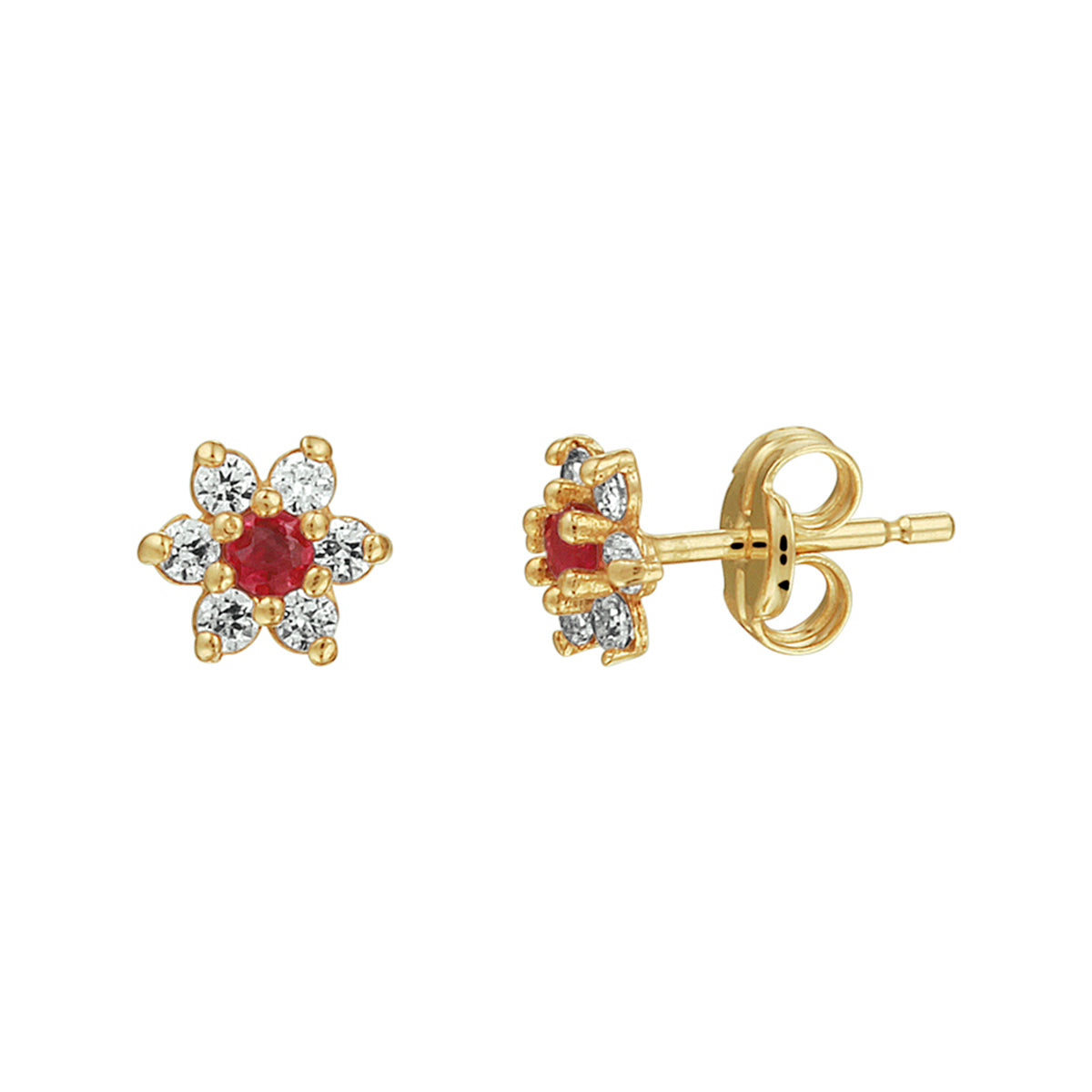 Ohrstecker Rubin und Zirkonia Halo 14K Gelbgold