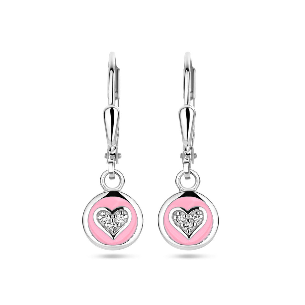 oorhangers  hart zirkonia en roze emaille brisur haak zilver gerhodineerd